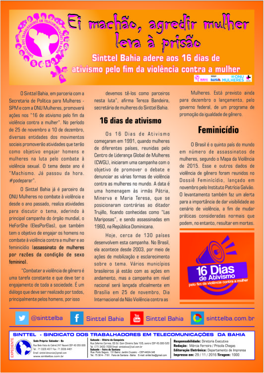 Sinttel Bahia adere aos 16 dias de ativismo pelo fim da violência contra a mulher